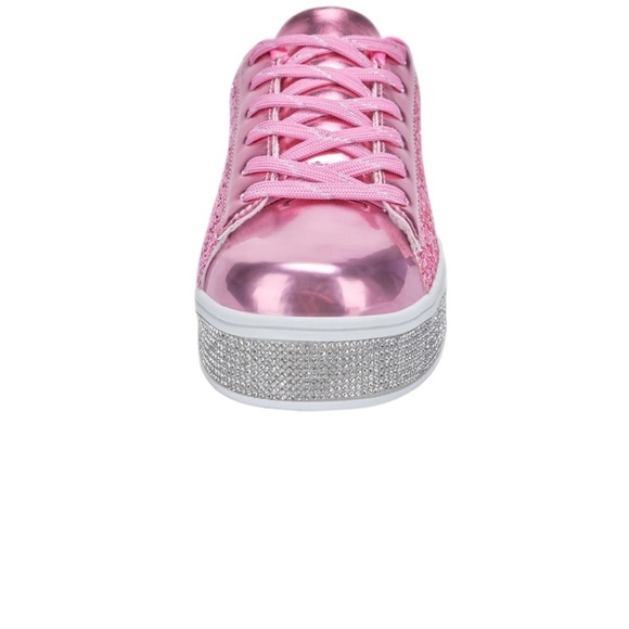 New Pink Glitter White w Rhinestone 2” Platform Festival Party Sneakers Size 7.5 - Picture 3 of 16